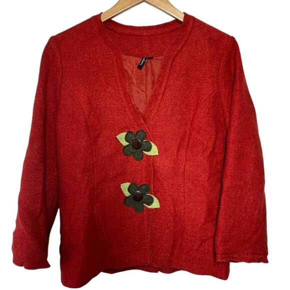 Vintage Ambition Jacket Women M Red Wool Blend Floral Snap Closure Cottage Boho - Picture 1 of 8